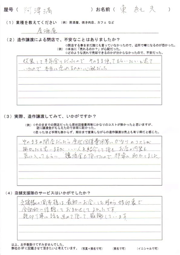 【売却閉店】居酒屋店 阿津満(あづま) 東紀夫様からのお声