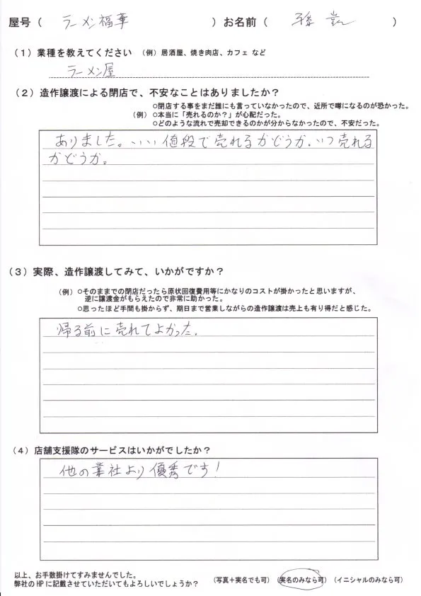 【売却閉店】ラーメン店 福華 孫凱様からのお声